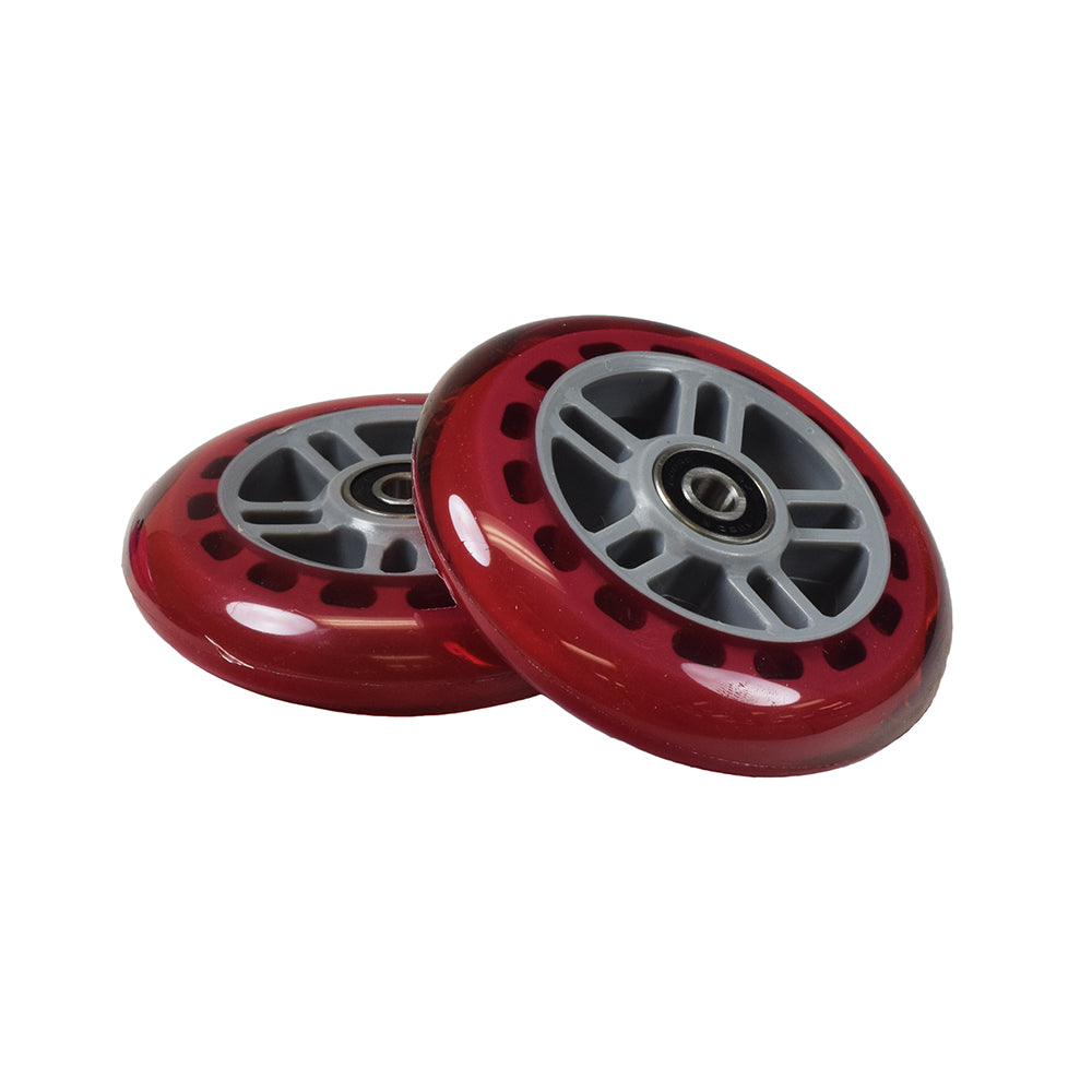 98 mm Razor A Kick Scooter Wheels with Bearings (Set of 2) shown in a close-up, highlighting the red and grey polyurethane material and ABEC-5 bearings.