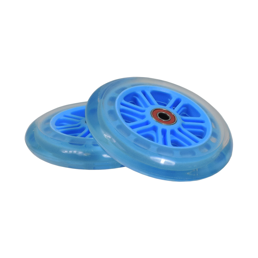 125 mm Front Wheels for the Micro Mini & Micro Maxi Kick Scooter (Set of 2), showing two sturdy blue wheels with red centers, designed for enhanced stability and safety on small-size scooters.