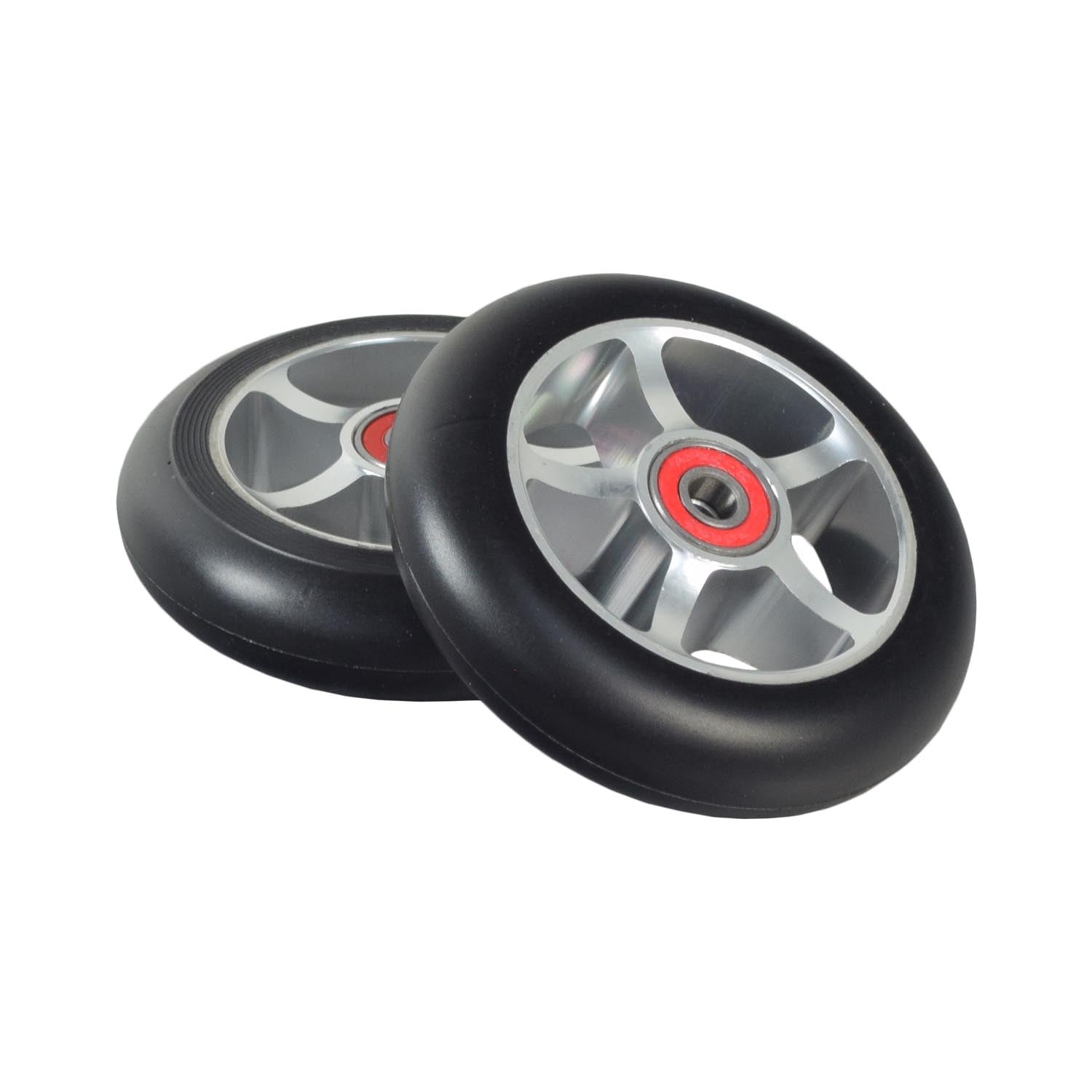 100 mm Pro Kick Scooter Wheel with 5-Spoke Core (Set of 2), featuring black wheels with silver rims and pre-installed 608 ABEC-9 bearings for optimal performance and lightweight durability.