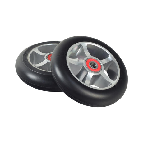 100 mm Pro Kick Scooter Wheel with 5-Spoke Core (Set of 2), featuring black wheels with silver rims and pre-installed 608 ABEC-9 bearings for optimal performance and lightweight durability.