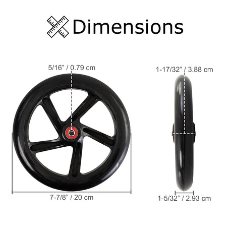 200 mm Wheel for the Razor A5 Lux & Carbon Lux Kick Scooter, featuring a black wheel with a red center and white lines, designed for smooth rides.