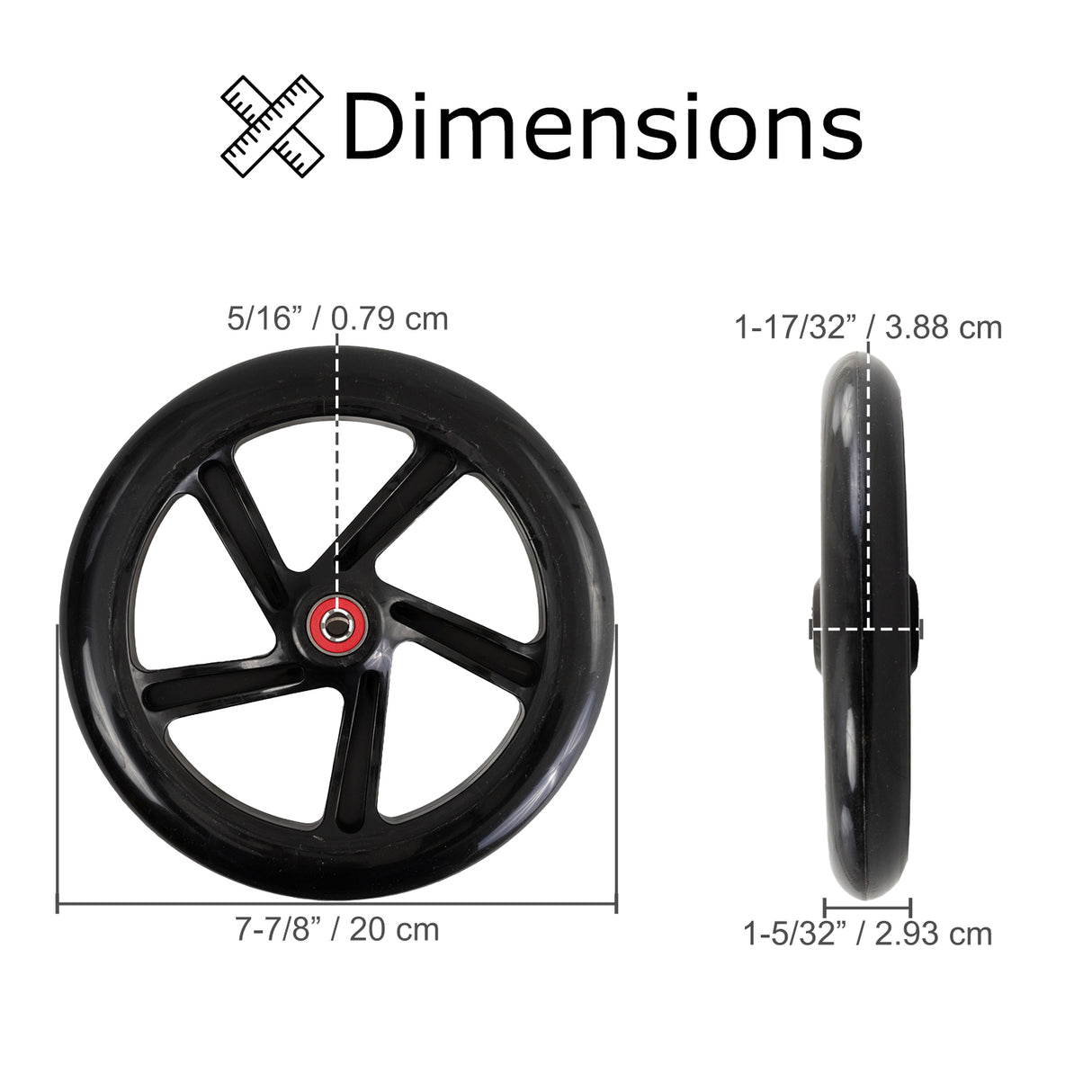 200 mm Wheel for Micro Black, White, and Flex Blue Kick Scooters and Micro Balance G-Bike, featuring a black tire with a red center and detailed white lines, perfect for customization.