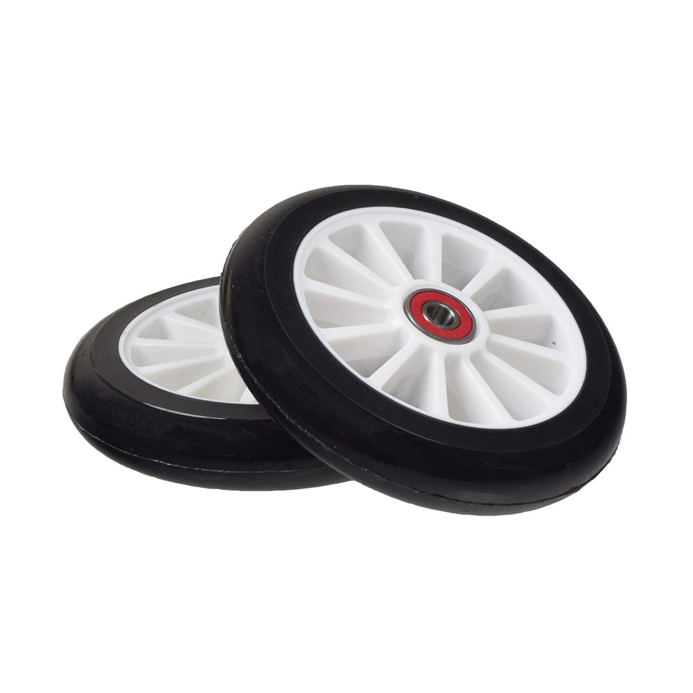 125 mm Front Wheels for Radio Flyer Color FX EZ Glider Kick Scooter (Set of 2) featuring black and white synthetic rubber tires with pre-installed 608ZZ or 608-2RS ABEC-5 bearings for enhanced safety and stability.