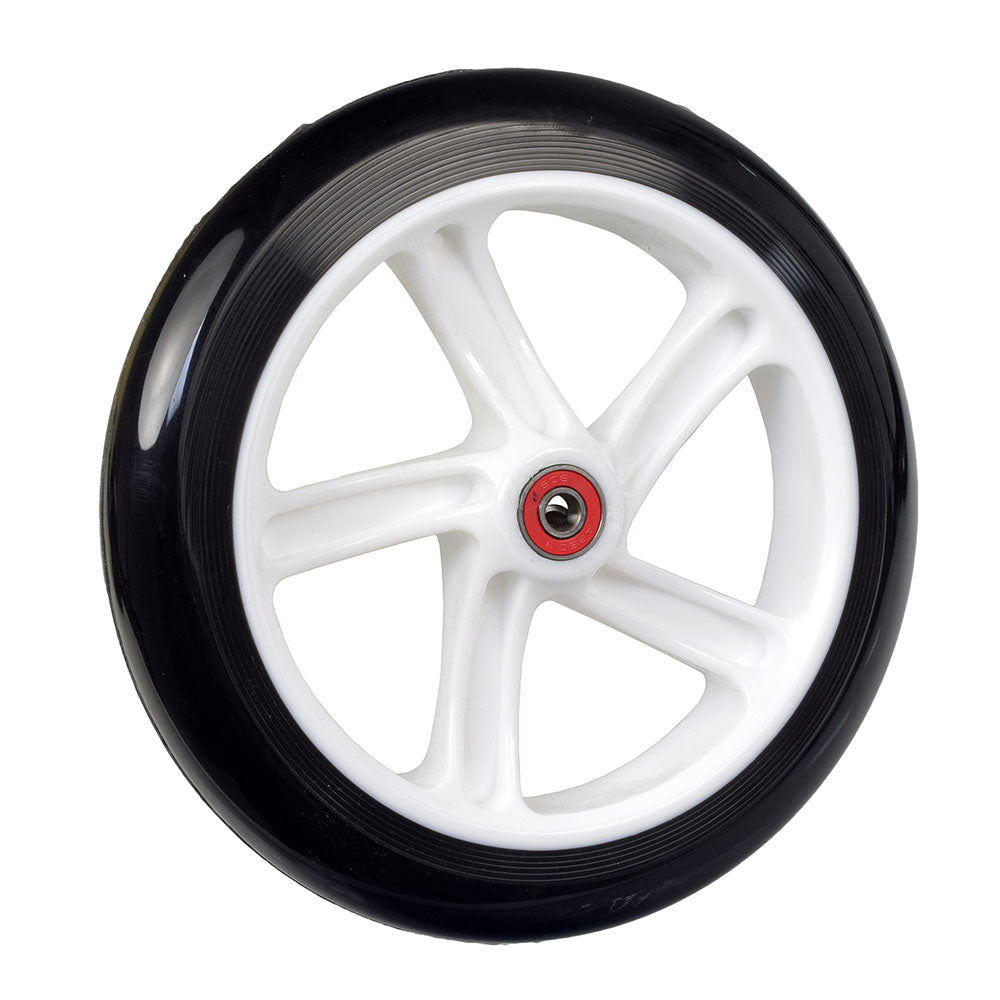 205 mm Kick Scooter Caster Wheel with Bearings, featuring a black and white rim and close-up view of the tire, suitable for European brand scooters like Vokul and Hudora.