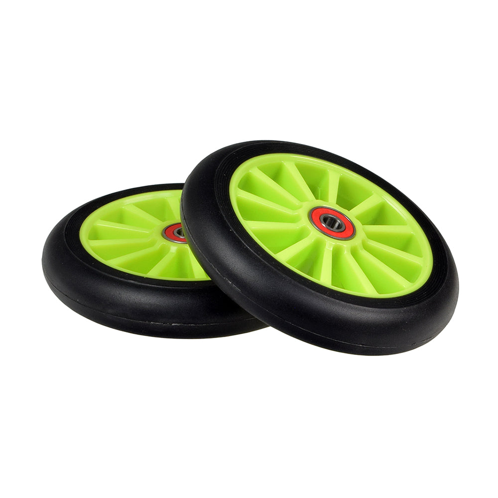 125 mm Razor A3 Kick Scooter Wheels with Bearings (Set of 2) showing close-up of green and black wheels and installed ABEC-5 bearings, designed for Razor kick scooters.