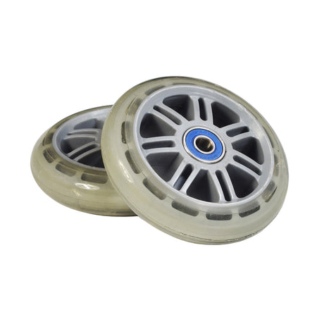 98 mm Kick Scooter Wheels with Bearings (Set of 2), showing two durable polyurethane wheels with blue centers, designed for various kick scooter models. Includes ABEC-5 bearings for smooth performance.