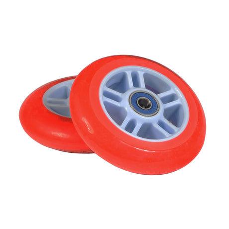 98 mm Kick Scooter Wheels with Bearings (Set of 2), close-up of durable polyurethane wheels, each with ABEC-5 bearings, showcasing their circular design suitable for various kick scooter models.