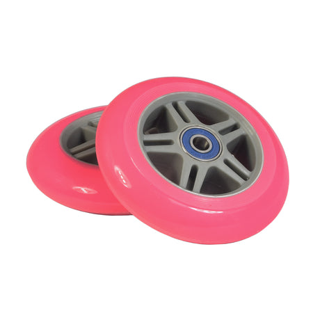 98 mm Razor A Kick Scooter Wheels with Bearings (Set of 2) showing a close-up of durable polyurethane wheels and blue and silver ABEC-5 bearings.