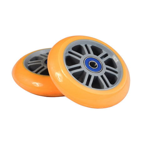 98 mm Kick Scooter Wheels with Bearings (Set of 2) - close-up view showing durable orange and grey polyurethane wheels with ABEC-5 bearings, compatible with various kick scooter models.