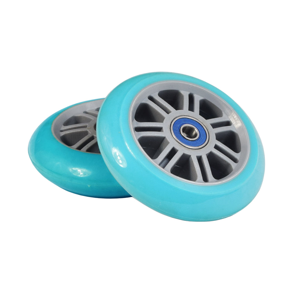 98 mm Kick Scooter Wheels with Bearings (Set of 2) showing two durable polyurethane wheels, each with a silver center and included ABEC-5 bearings.