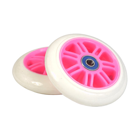 98 mm Razor A Kick Scooter Wheels with Bearings (Set of 2) showing close-up of two wheels made of durable polyurethane, each with ABEC-5 bearings, compatible with various Razor Kick Scooter models.