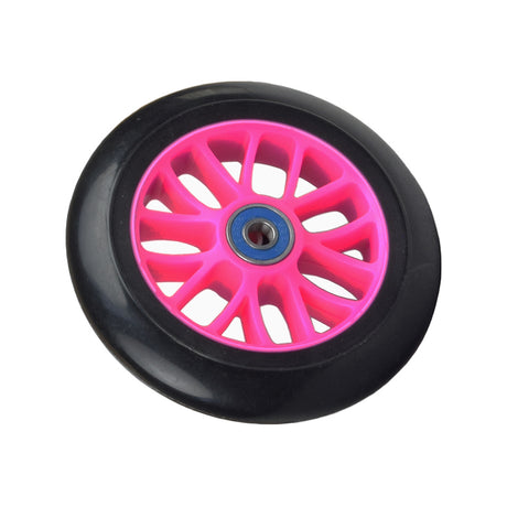 120 mm Scooter Wheel with Bearings, featuring a sleek black tire and a vibrant rim, ideal for three-wheeled kick scooters and custom designs, arrives fully assembled with precision bearings.