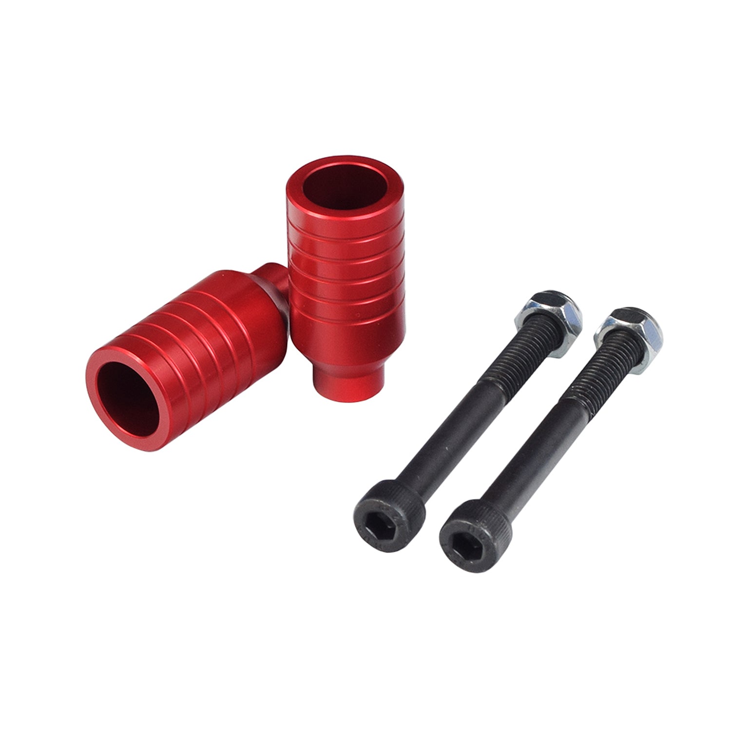 Kick Scooter Stunt Pegs & Axle Bolts (Set of 2) shown as red cylindrical metal pegs with black screws, designed to enhance tricks and stunts on pro or freestyle kick scooters.