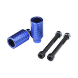 Kick Scooter Stunt Pegs & Axle Bolts (Set of 2) featuring a blue metal cylinder design with black screws, showcased in a close-up view highlighting their sturdy construction for freestyle scooter tricks and stunts.