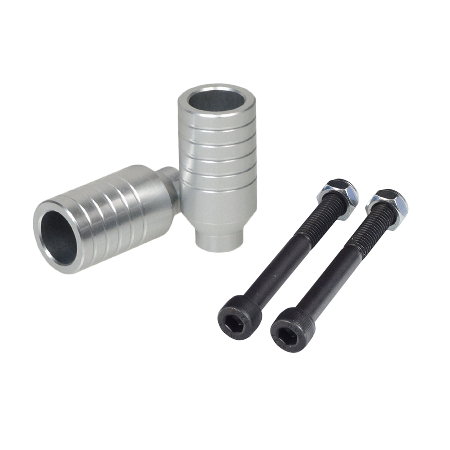 Kick Scooter Stunt Pegs & Axle Bolts (Set of 2) showing close-up views of metal pegs, screws, and bolts designed for enhancing kick scooter tricks and stunts.