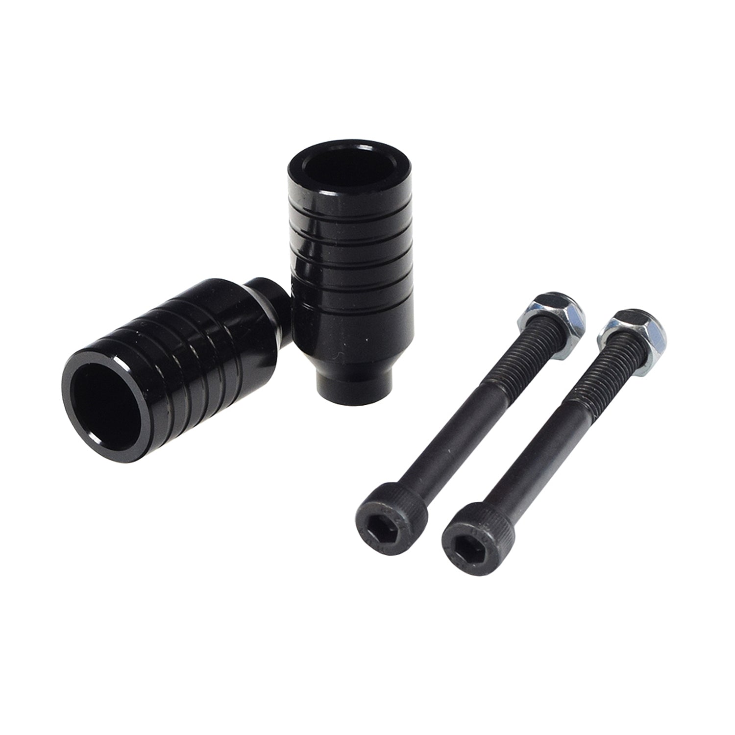 Kick Scooter Stunt Pegs & Axle Bolts (Set of 2) - Close-up of black metal pegs with screws and nuts, showcasing household hardware components designed for enhancing scooter tricks and stunts.