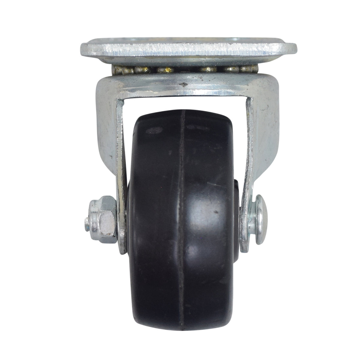 Front Inline Caster Wheel for the Razor Crazy Cart (W25143499149), featuring a black rubber tire and a metal frame, designed for secure mounting as a replacement part.