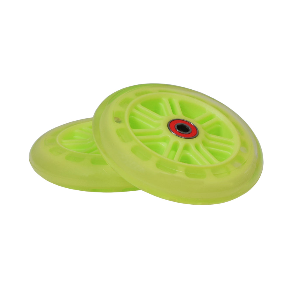 125 mm Razor A3 Kick Scooter Wheels with Bearings (Set of 2), showcasing two green wheels with bearings installed, designed as essential replacement parts for Razor A3 kick scooters.