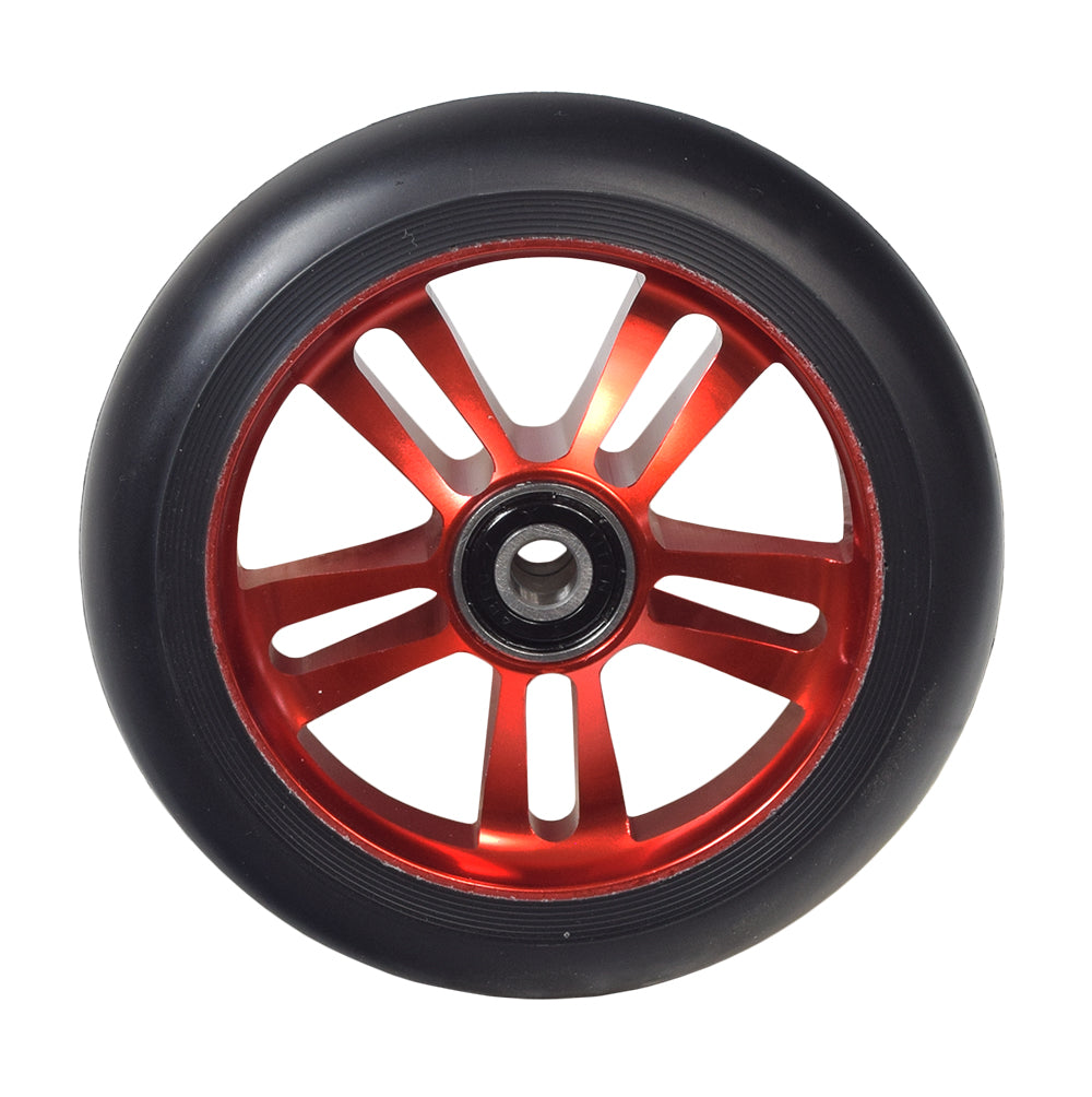 110 mm Wheel for the AO Quadrum 2 Kick Scooter, featuring a 5-spoke design with a red rim, lightweight core, and durable PU compound for enhanced performance and grip.