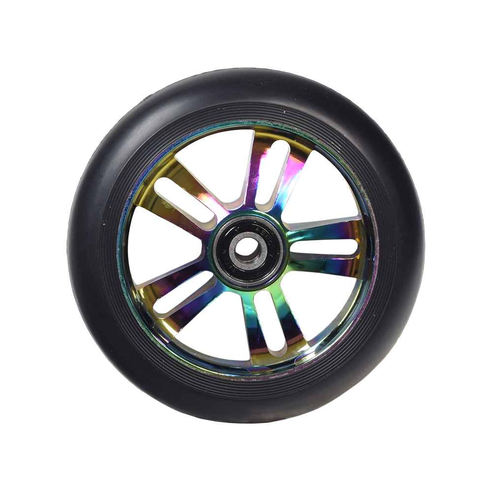 110 mm Wheel for the AO Quadrum 2 Kick Scooter featuring a 5-spoke design with a rainbow-colored rim, showcasing a lightweight core for enhanced strength and durability, perfect for high-performance riding.