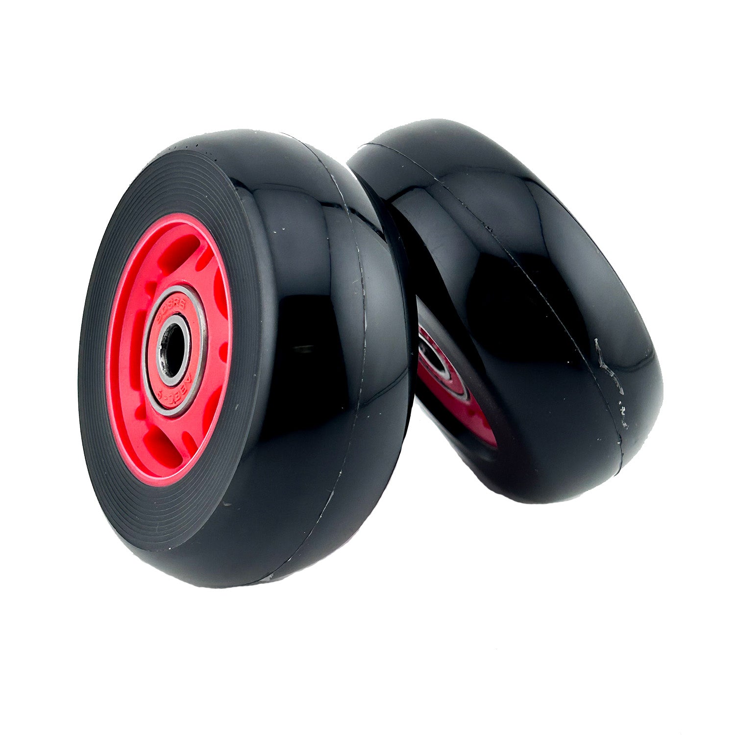 76 mm x 30 mm Caster Wheels for the Razor Crazy Cart (V7+), Crazy Cart DLX (V1+), Crazy Cart Shift (V1+), & Crazy Cart XL (V3+) (Set of 2). Features black wheels with red rims designed for improved indoor use.