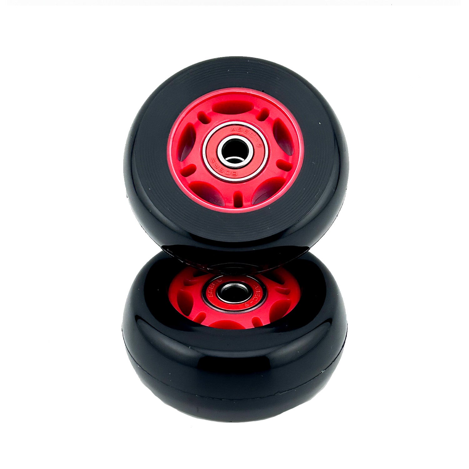 76 mm x 30 mm Caster Wheels for the Razor Crazy Cart (V7+), Crazy Cart DLX (V1+), Crazy Cart Shift (V1+), & Crazy Cart XL (V3+) (Set of 2) showing black wheels with red rims.