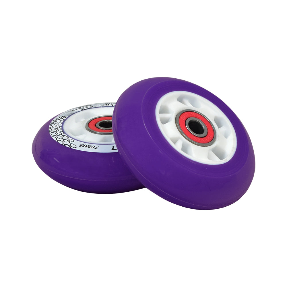 76 mm Wheels with Bearings for Razor Ripstik® Classic, Ripstik® DLX, and Ripstik® G (Set of 2) featuring two purple wheels, each with wheel spacers and bearings, displayed close-up.