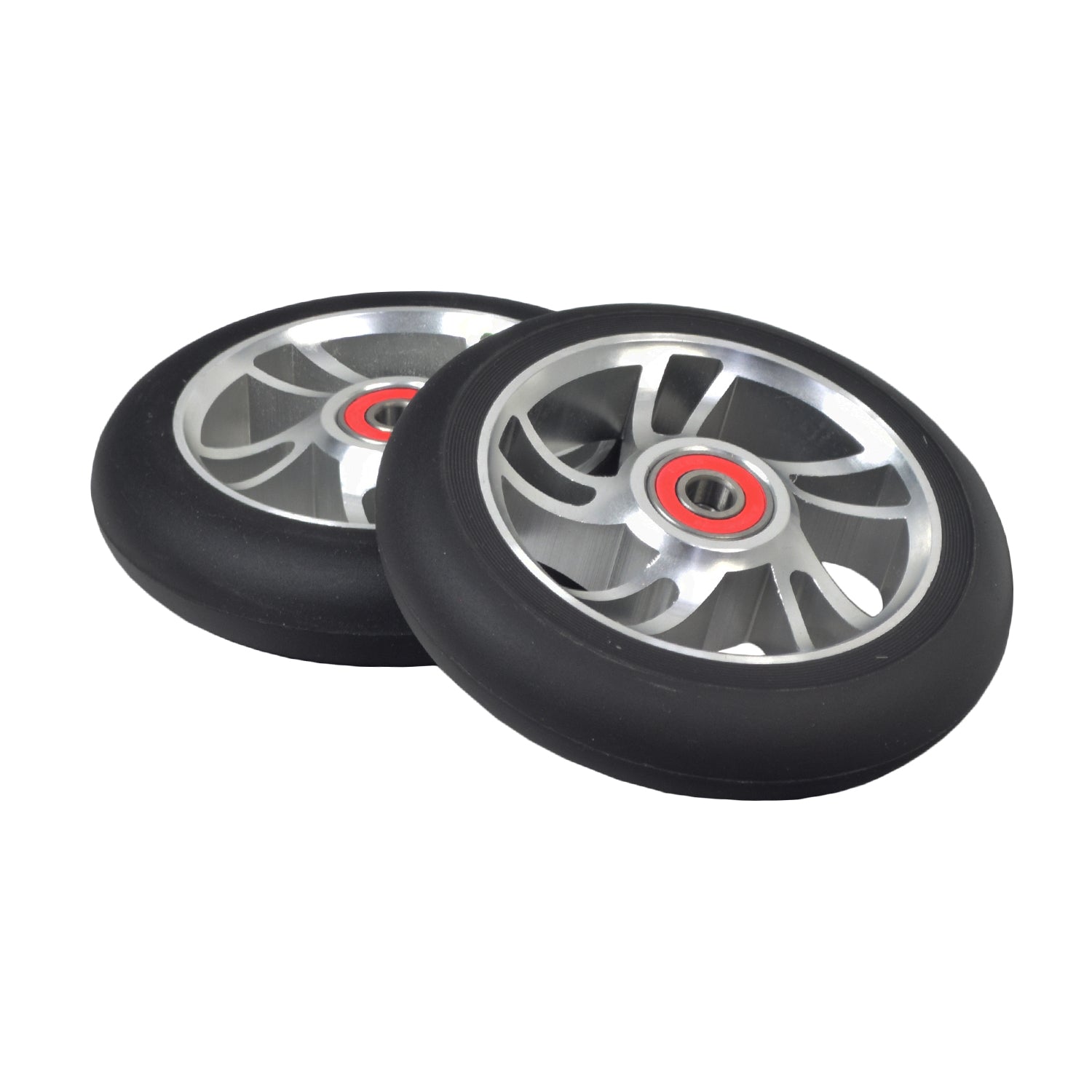 110 mm AlveyTech 5-Spoke Curved Pro Kick Scooter Wheels (Set of 2), featuring black wheels with silver rims and a close-up of the robust 5-spoke design for professional scooter riders.