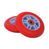 98 mm Kick Scooter Wheels with Bearings (Set of 2) showing a close-up of durable polyurethane wheels with included ABEC-5 bearings, designed for various kick scooter models.