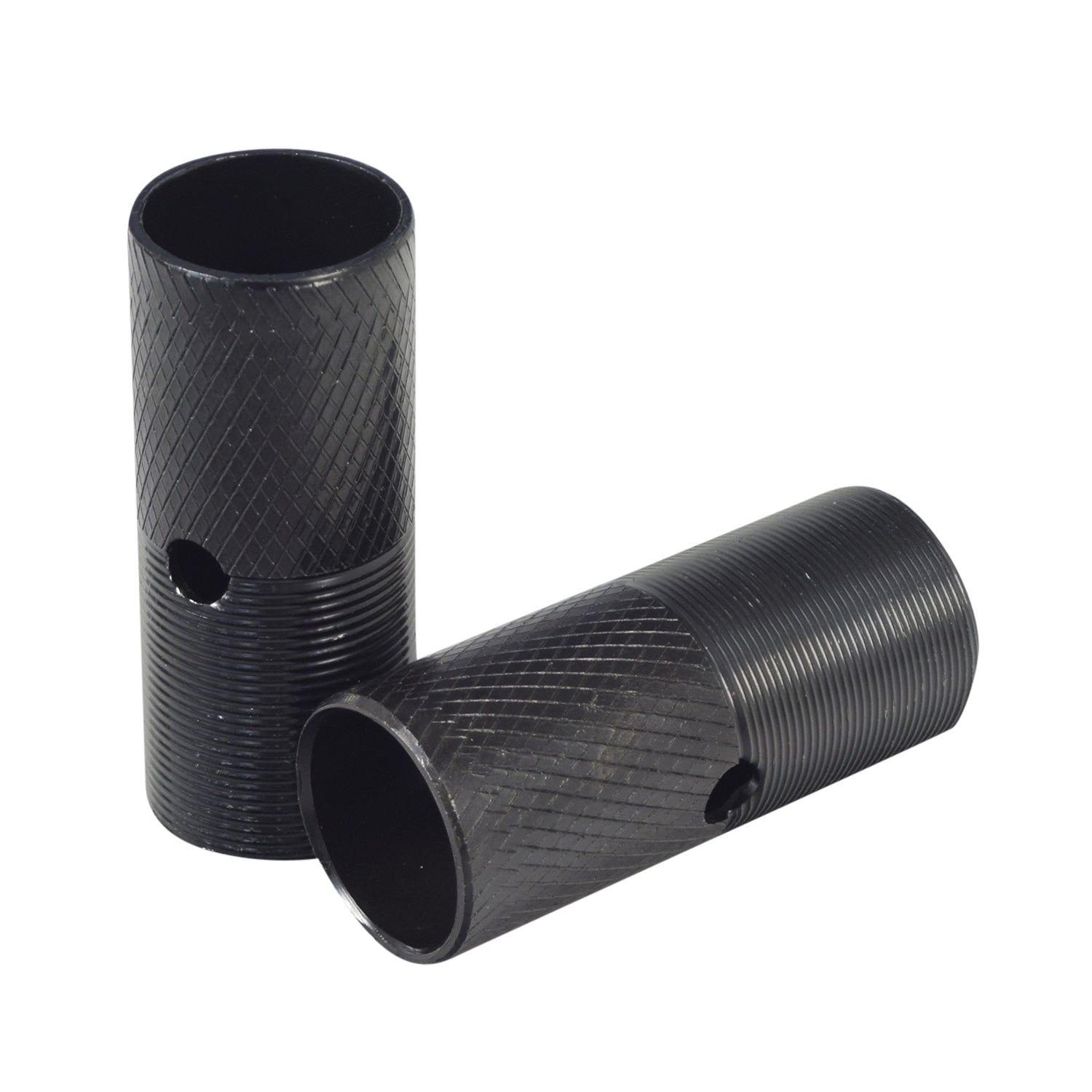 Black Stunt Pegs for the Mongoose Expo Freestyle Scooter (Set of 2) close-up, showing robust black cylinders designed for mounting on front or rear axles to support adult weight.