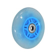 Light-Up Front Wheel for the Razor Electric Party Pop Scooter, featuring a blue wheel with a metal center and clear plastic tire that illuminates for enhanced visibility in low-light conditions.