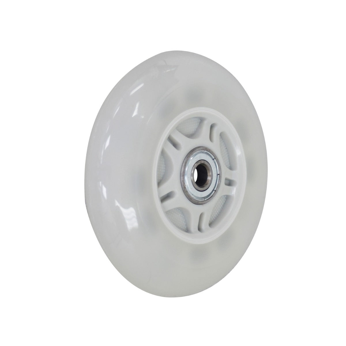 Light-Up Front Wheel for the Razor Electric Tekno Scooter, featuring a white wheel with a metal center. The clear plastic tire illuminates with flashing lights from tiny circuits in the hub.