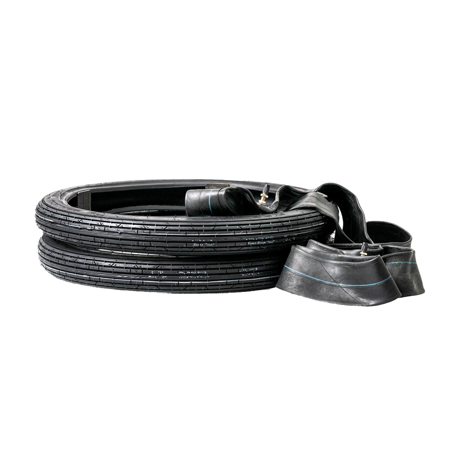 Stack of black 2.25-17 pneumatic front tires for Honda Cub C50, Cub C90, and Super Cub C100 motorbikes, with an optional inner tube featuring a straight valve stem.