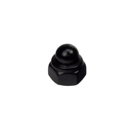 M8-1.25 Black Zinc Acorn Nut (NUTACRN1012) featuring a smooth, rounded cap designed to secure scooter mirror assemblies and caster wheel axles, ensuring a non-snag, finished look.