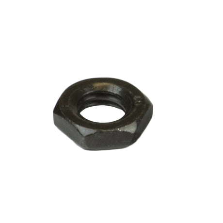 M8-1.25 Black Jam Nut (NUTJAM1015) - a close-up of a black metal nut with a hole in the middle, used for securing components in tight spaces like casters and scooter assemblies.