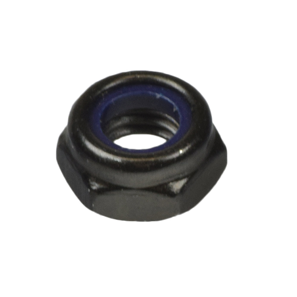 M8-1.25x6.5 Black Lock Nut (NUTNJAM1020) with a blue internal nylon ring for secure fastening in power chairs and mobility scooters.