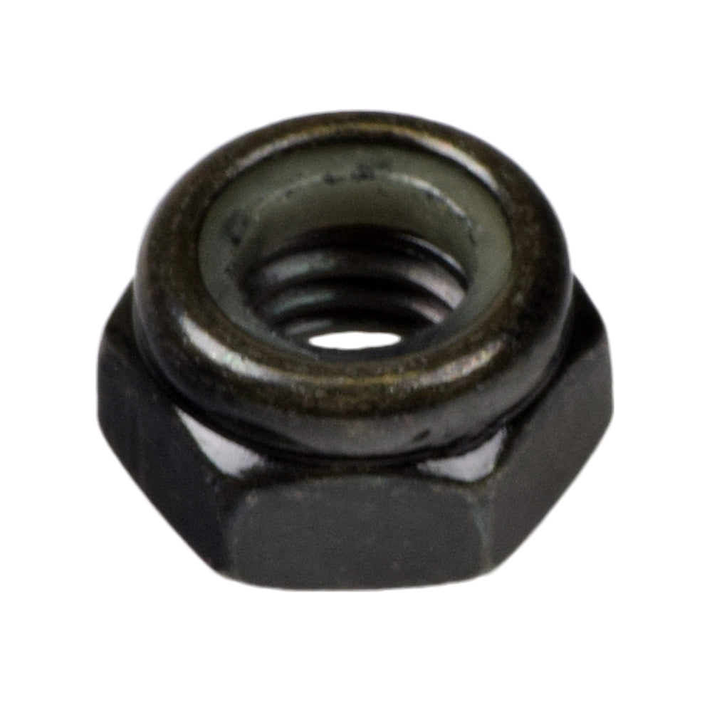 Close-up of an M8-1.25x7.65 mm black lock nut, showing its metal construction and internal nylon lock feature, designed for secure fastening in Pride Mobility scooters and power chairs.