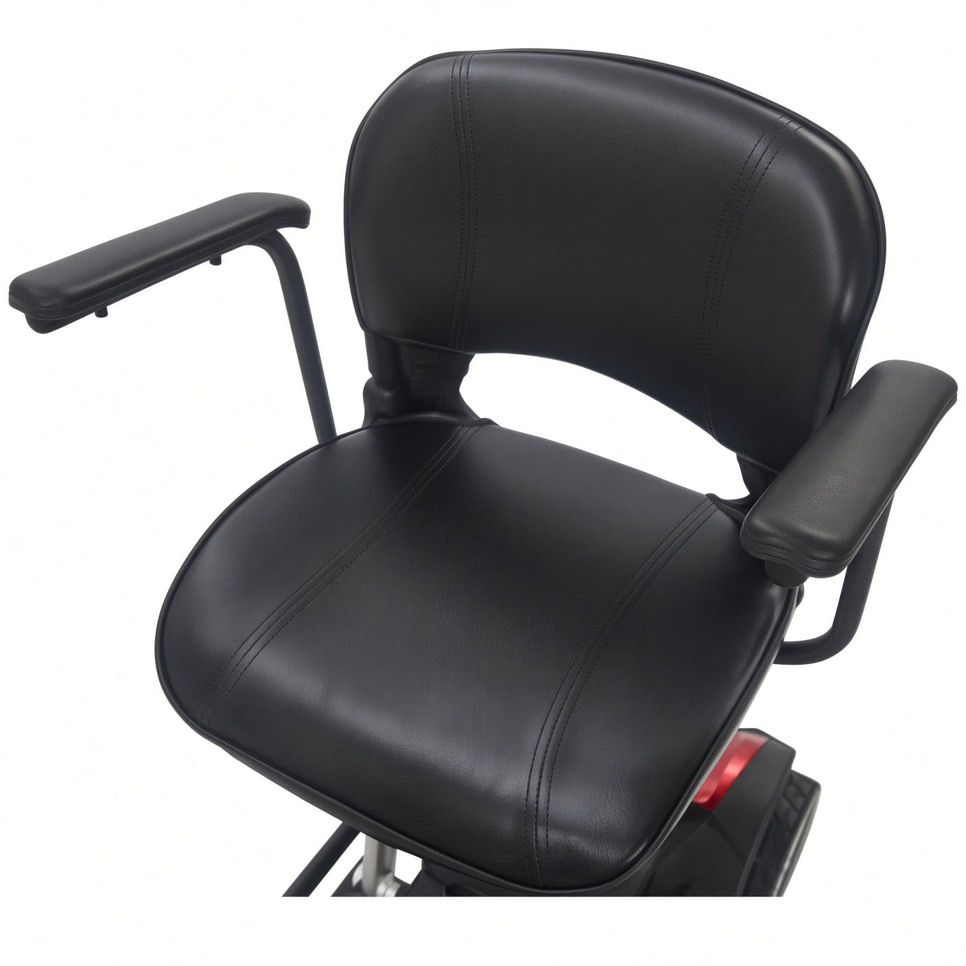 15" x 14" stadium-style seat for the Golden Buzzaround CarryOn GB120 scooter, black vinyl cushion with backrest.
