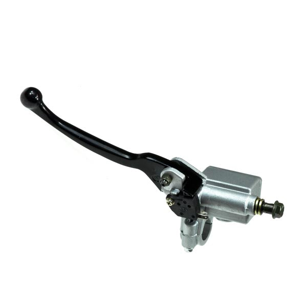 Black Brake Lever & Master Cylinder Assembly for ATVs & Dirt Bikes, featuring a black lever and a close-up view of the handlebar area, showcasing its compatibility with various models.