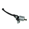 Black Brake Lever & Master Cylinder Assembly for ATVs & Dirt Bikes, featuring a black lever and a close-up view of the handlebar area, showcasing its compatibility with various models.