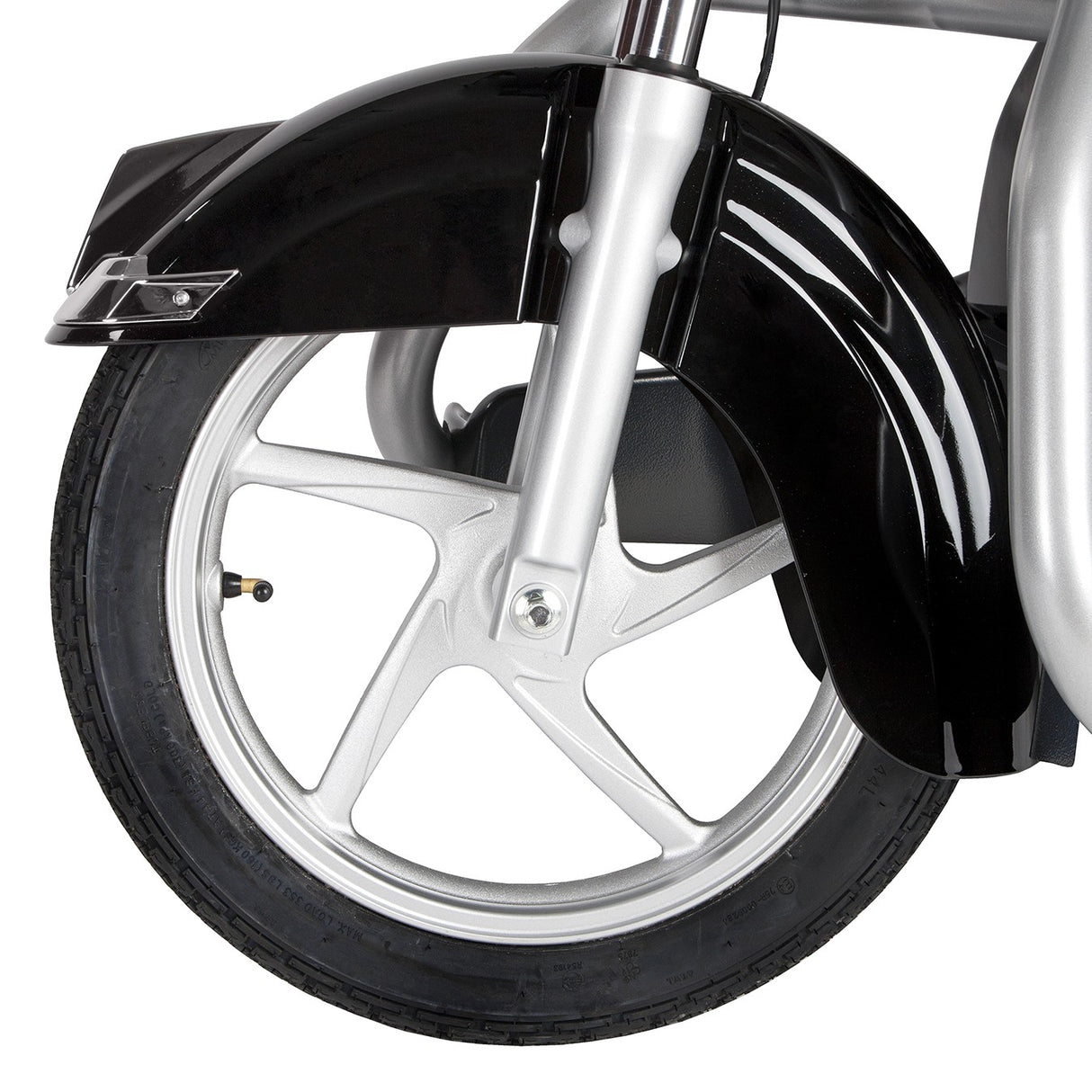 19.5 x 2.75 Pneumatic Front Wheel Assembly for the Drive Medical Maverick mobility scooter, featuring a large low-profile tire, rim, and bearings, resembling a motorcycle wheel.