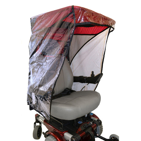 Maximum Protection Weatherbreaker Canopy for Scooters & Power Chairs, featuring a transparent plastic cover over a wheelchair, providing full protection from elements. Suitable for various makes and models.