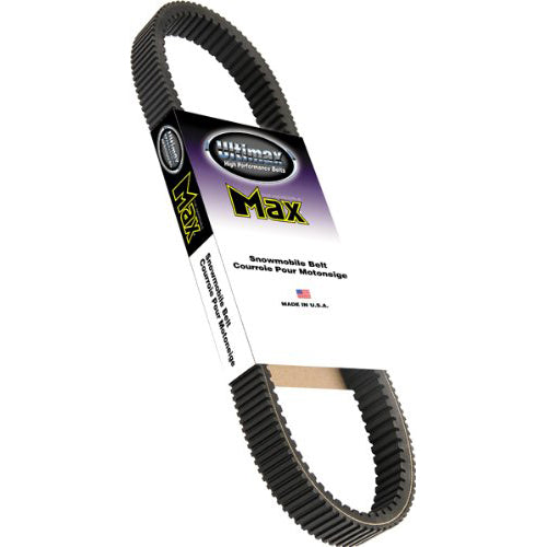 MAX1034M3 Ultimax Max Drive Belt for Snowmobiles, featuring a close-up of the durable belt with a white label, highlighting the quality and innovative design for dependable performance.