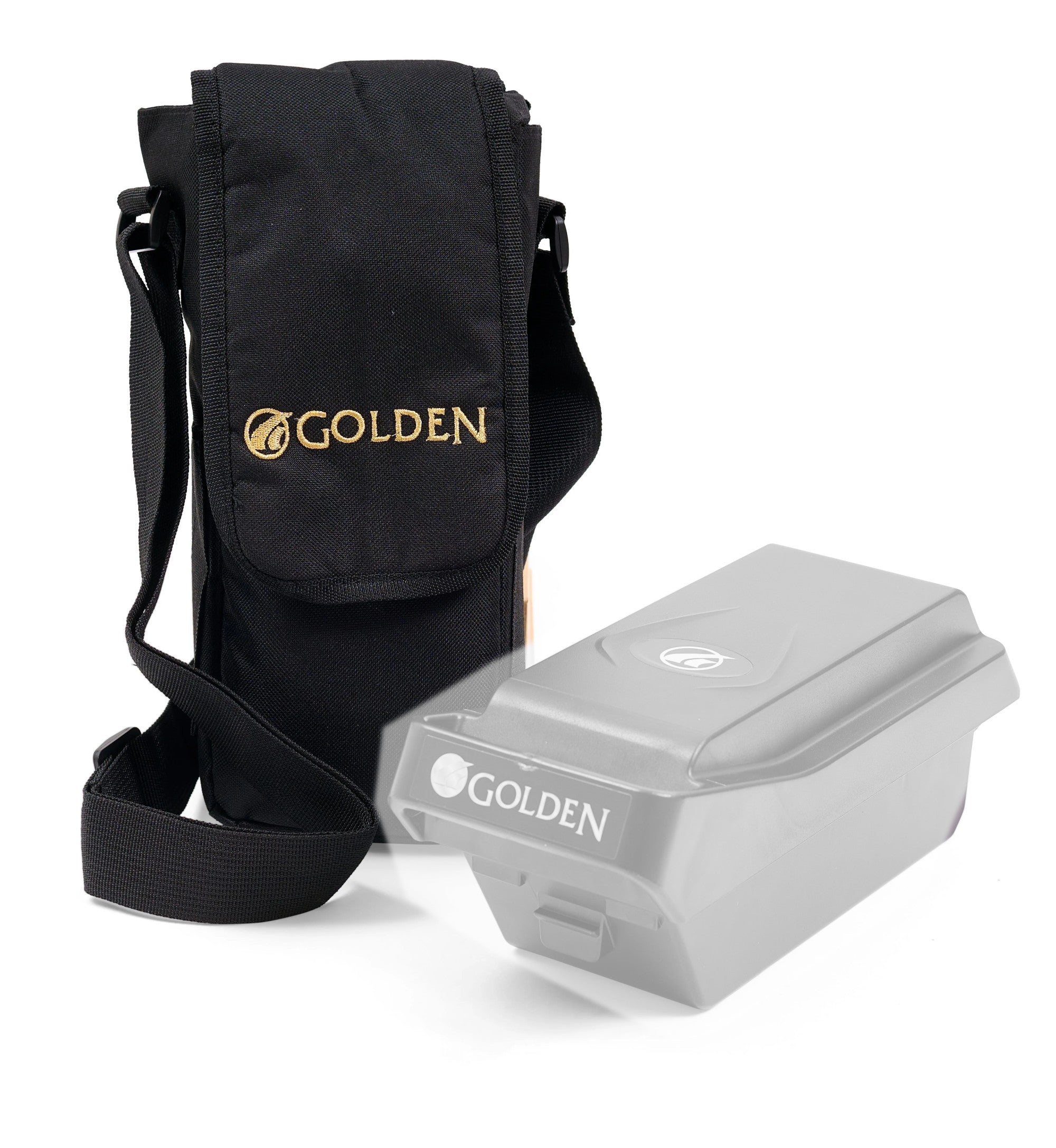 Golden MBA-0225 black battery travel bag with shoulder strap in color; the CarryOn lithium battery next to it is greyed out because it is not included