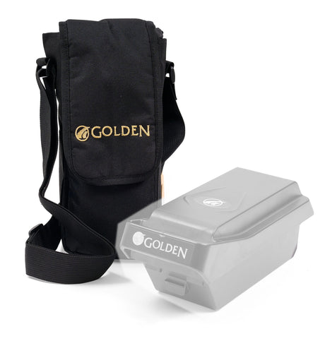 Golden MBA-0225 black battery travel bag with shoulder strap in color; the CarryOn lithium battery next to it is greyed out because it is not included