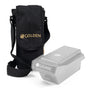 Golden MBA-0225 black battery travel bag with shoulder strap in color; the CarryOn lithium battery next to it is greyed out because it is not included