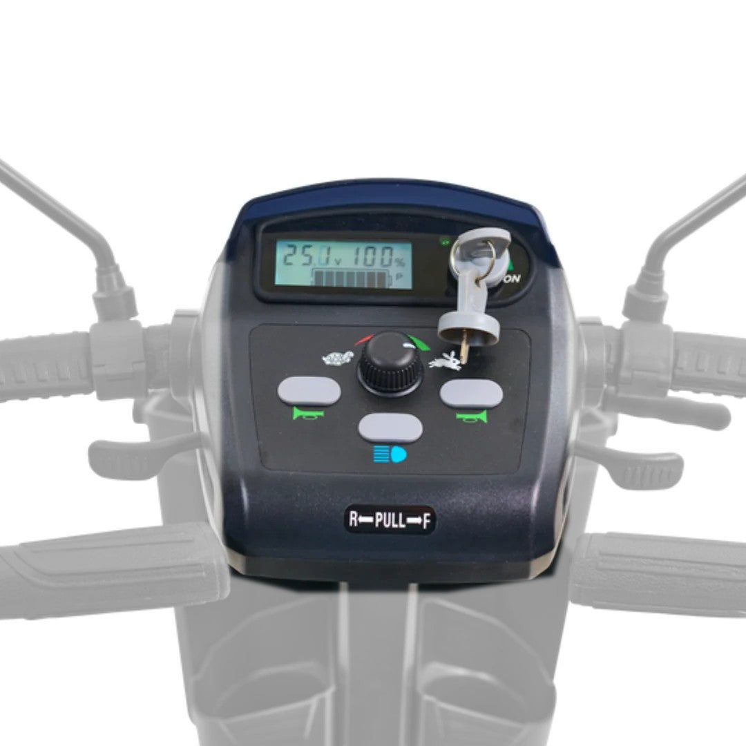 MBE-0029 dash assembly with fairing and keys shown in color on the Golden Companion 4-wheel GC440E, rest of the tiller greyed out