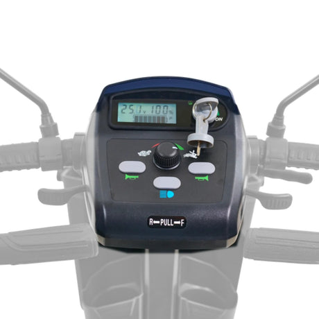 MBE-0029 dash assembly with fairing and keys shown in color on the Golden Companion 4-wheel GC440E, rest of the tiller greyed out