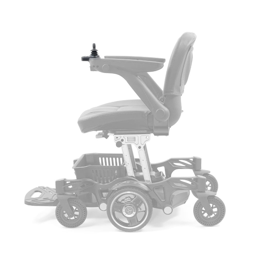 Side view of the Golden Buzzaround CarryOn GP130 with the MBE-0062 joystick in color and the rest of the chair greyed out