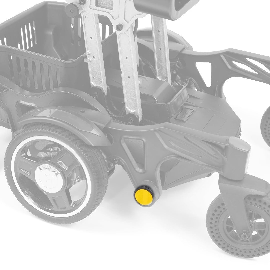 Golden Buzzaround CarryOn GP130 power chair with the yellow MBH-0061 reflective caster arm cover cap shown in color and the rest of the chair greyed out